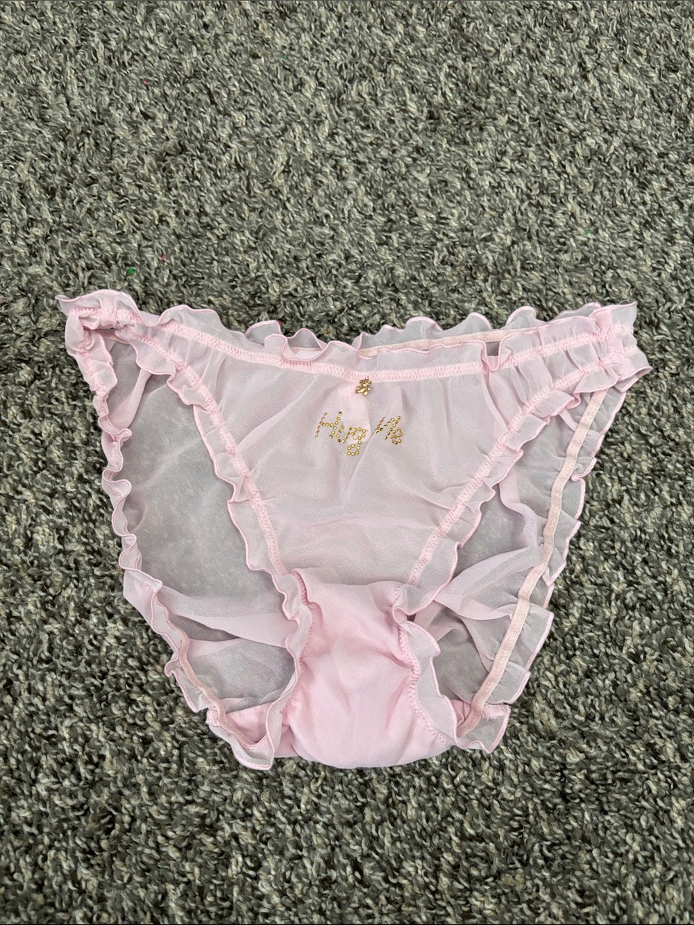 Victoria’s Secret pink panty Hug Me gold tone jewels Bear 2002 ruffles lingerie